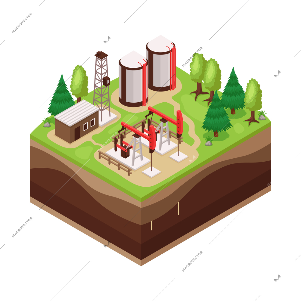 Isometric natural environmental land resources composition with oil extraction site view vector illustration