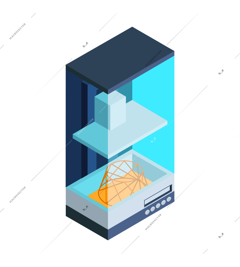 Isometric 3d printing composition with isolated image of working printer in vertical case vector illustration