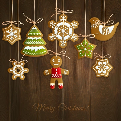 Merry christmas holiday decoration background with ginger man snowflakes and tree cookies vector illustration