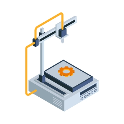 Isometric 3d printing composition with isolated image of printer making gear vector illustration