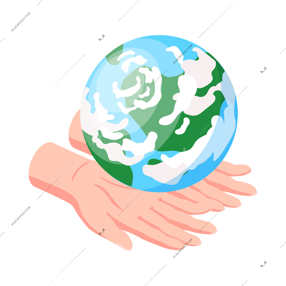 Isometric natural environmental land resources composition with earth globe on human hands vector illustration