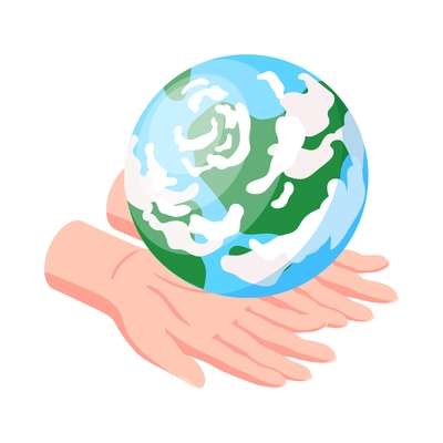 Isometric natural environmental land resources composition with earth globe on human hands vector illustration