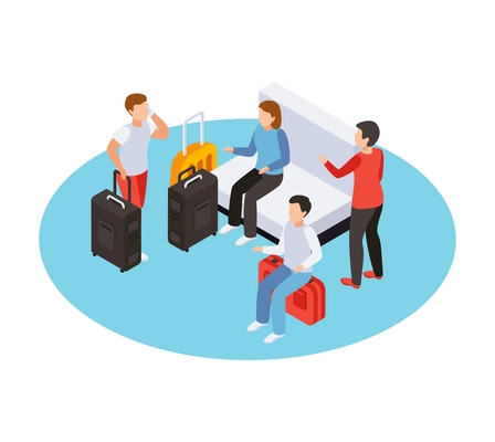 Traveling people isometric composition with isolated human characters sitting on sofa and own bags vector illustration