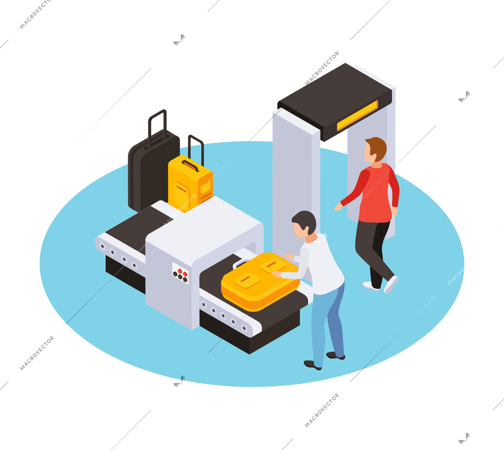 Traveling people isometric composition with isolated human characters walking into metal detector frame vector illustration