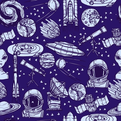 Space and astronomy sketch monochrome seamless pattern with saucer satellite solar system vector illustration