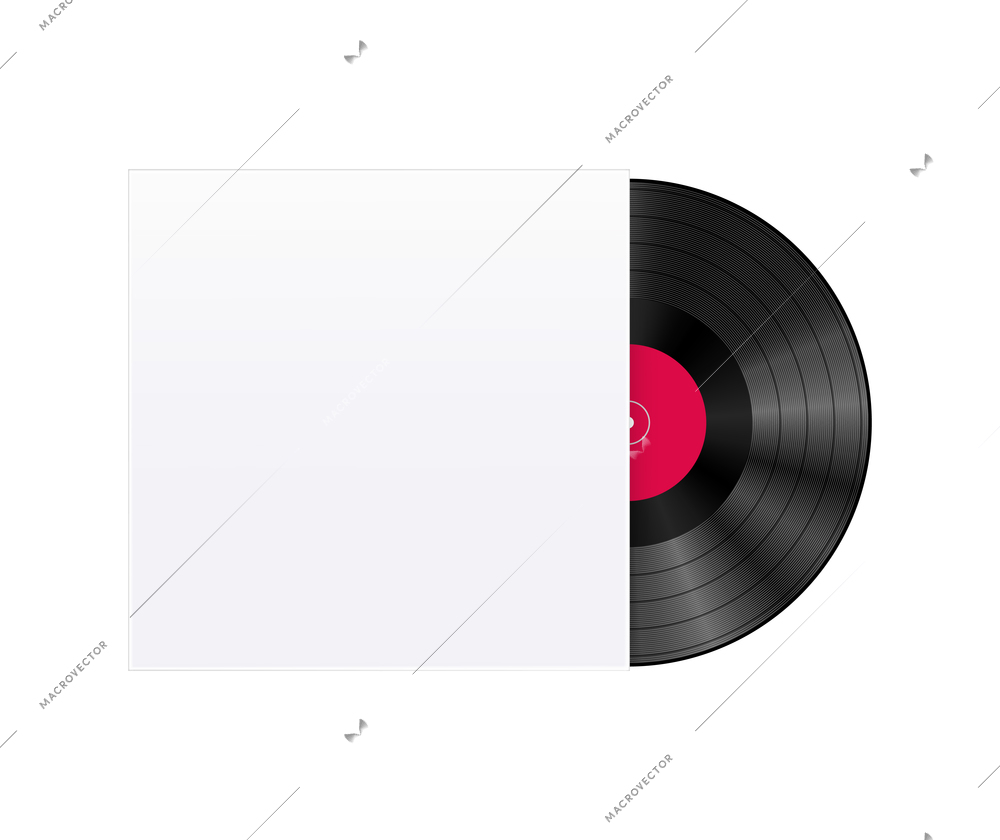 Vinyl realistic composition with image of disk inserted in record sleeve on transparent background vector illustration