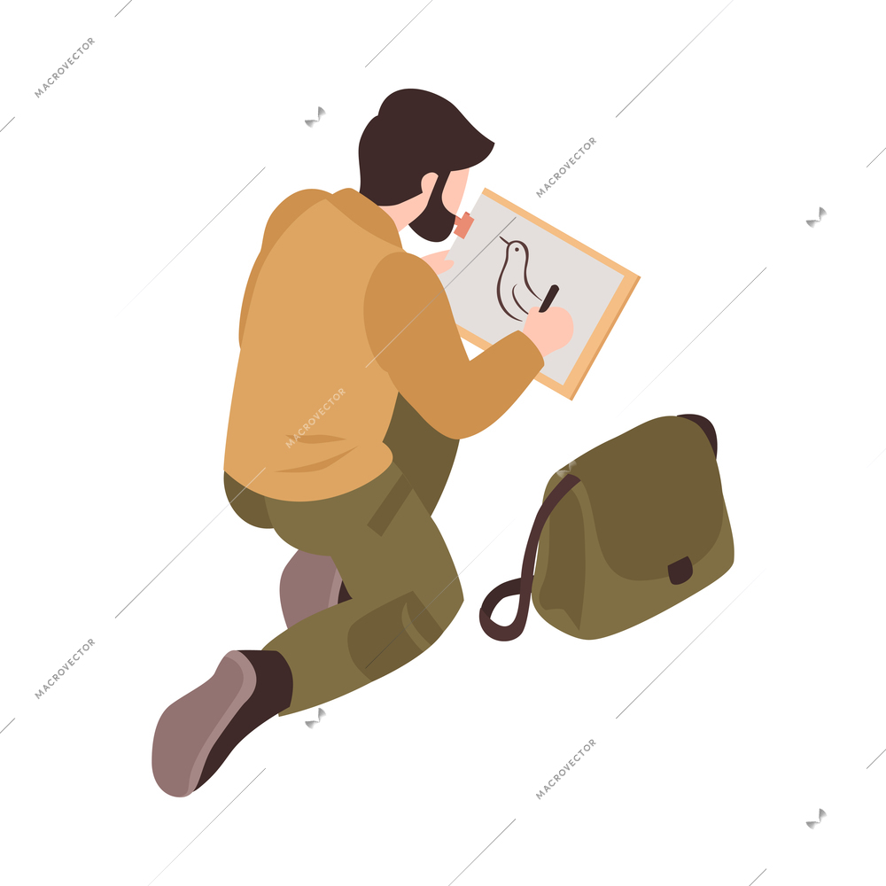 Isometric ornithologist isometric composition with character of male bird watcher drawing bird vector illustration