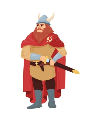 Scandinavian vikings culture composition with isolated character of viking hero with sword vector illustration