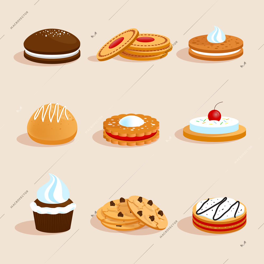 Sweet sugar chocolate biscuit cookies decorative icons set with cream and cherry decoration isolated vector illustration