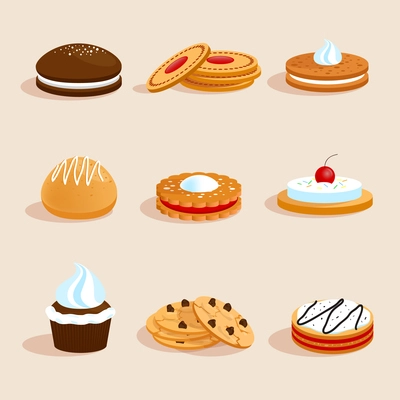 Sweet sugar chocolate biscuit cookies decorative icons set with cream and cherry decoration isolated vector illustration