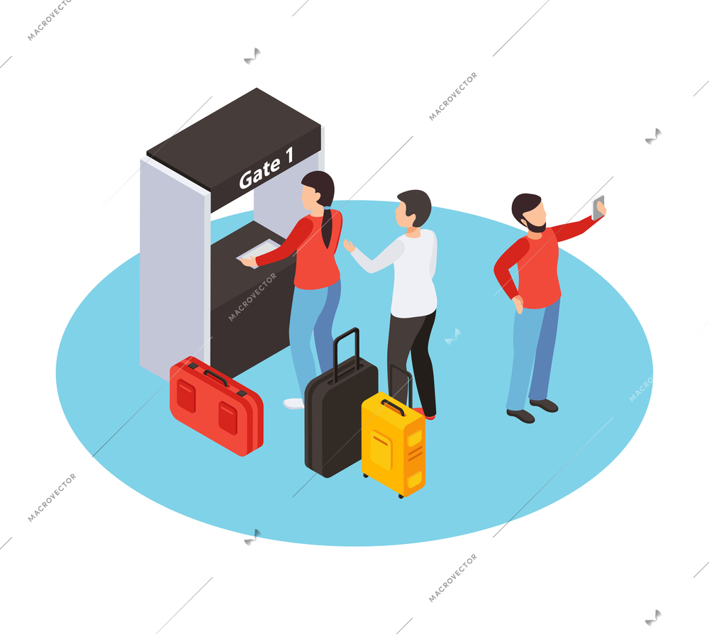 Traveling people isometric composition with isolated human characters at airport gate with bags vector illustration