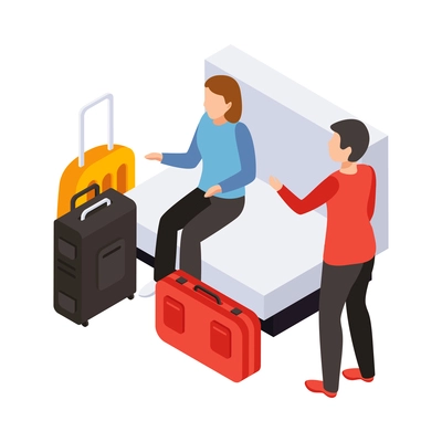 Traveling people isometric composition with isolated human characters sitting on sofa surrounded by bags vector illustration