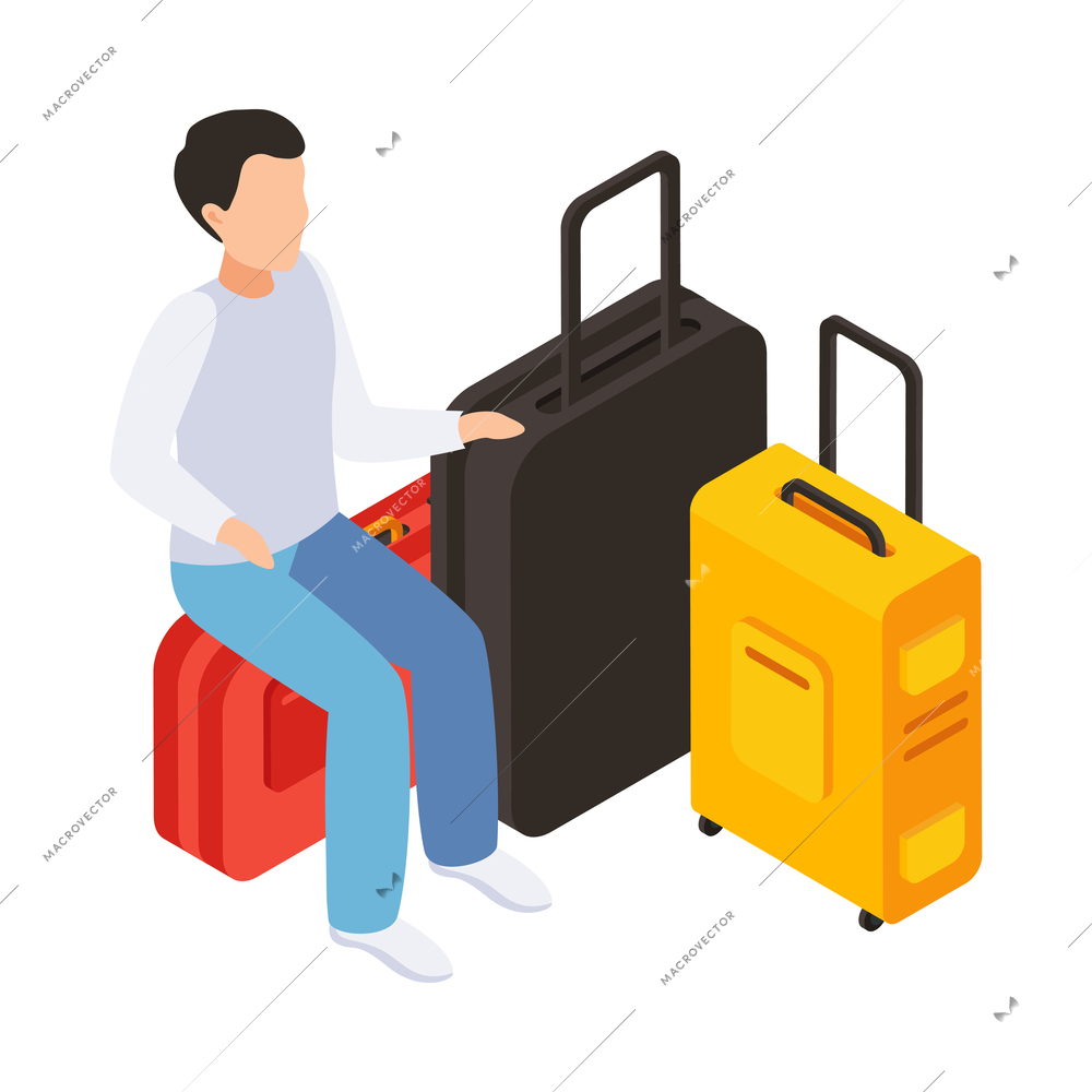 Traveling people isometric composition with isolated human character of tourist sitting on bags vector illustration