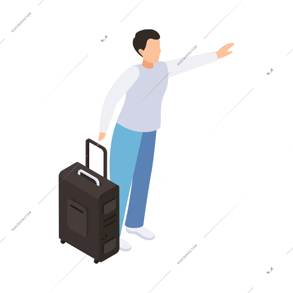 Traveling people isometric composition with isolated tourist character with suitcase hitching ride vector illustration