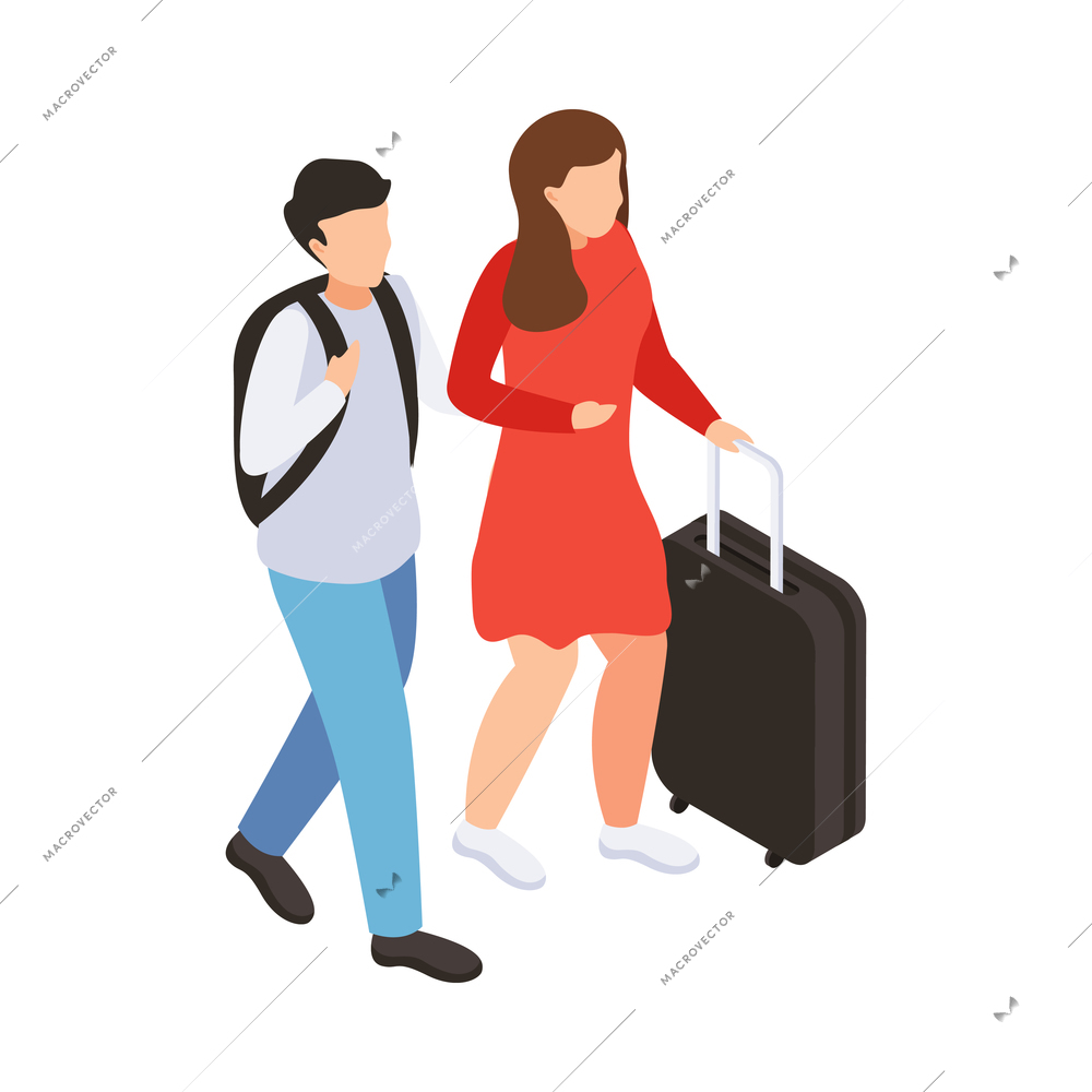 Traveling people isometric composition with characters of tourist man and woman carrying bags vector illustration