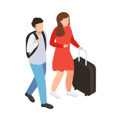 Traveling people isometric composition with characters of tourist man and woman carrying bags vector illustration