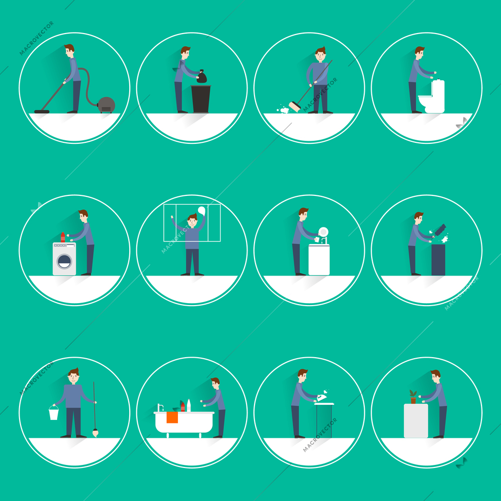 Cleaning people flat round button icons set with vacuuming garbage throwing sweeping isolated vector illustration