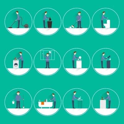 Cleaning people flat round button icons set with vacuuming garbage throwing sweeping isolated vector illustration