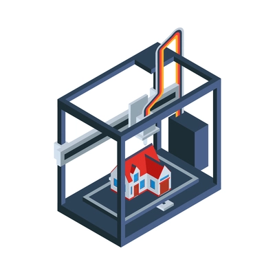 Isometric 3d printing composition with isolated image of printer in box frame making model of house vector illustration