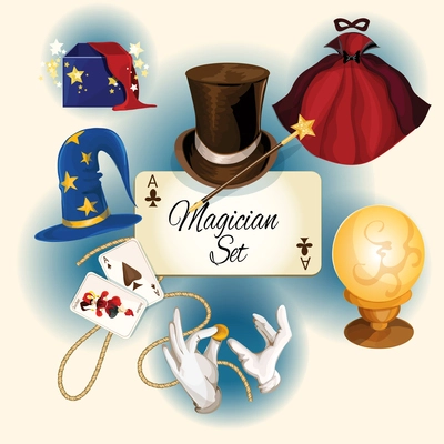 Magician decorative colored icons set with magic hat cards cylinder isolated vector illustration