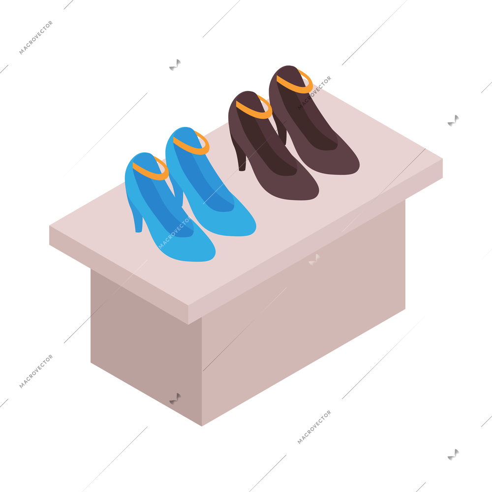 Isometric clothing store shopping composition with isolated image of showcase with high heeled shoes vector illustration