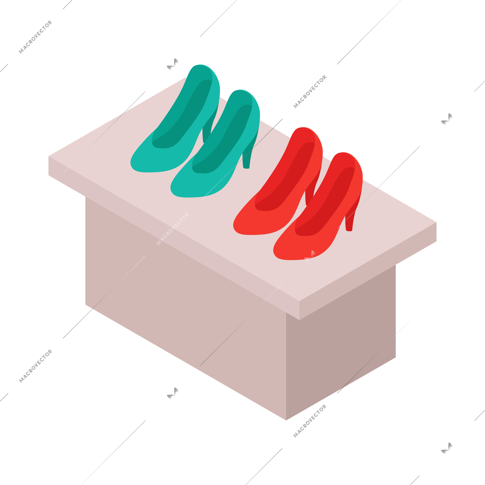 Isometric clothing store shopping composition with isolated image of showcase with high heeled shoes vector illustration