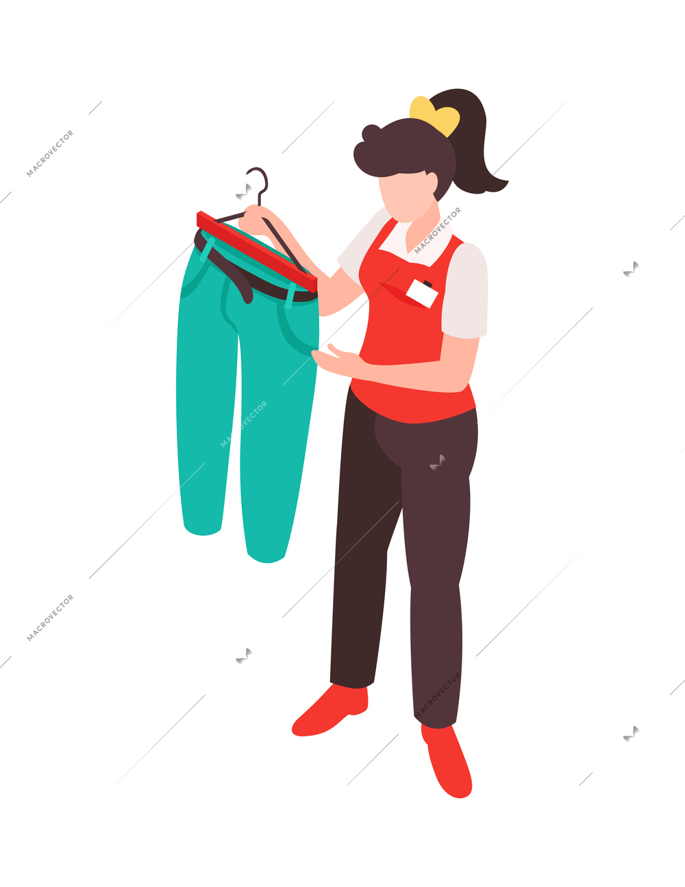 Isometric clothing store shopping composition with isolated character of female shop assistant vector illustration