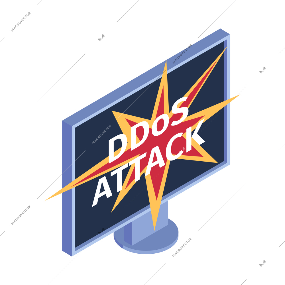 Isometric hacker safety system composition with isolated image of computer with ddos attack text vector illustration