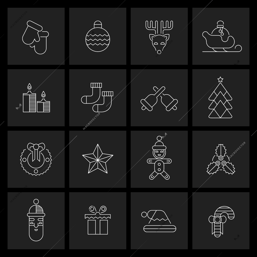 Christmas new year outline icons set with gloves ball deer sledge isolated vector illustration