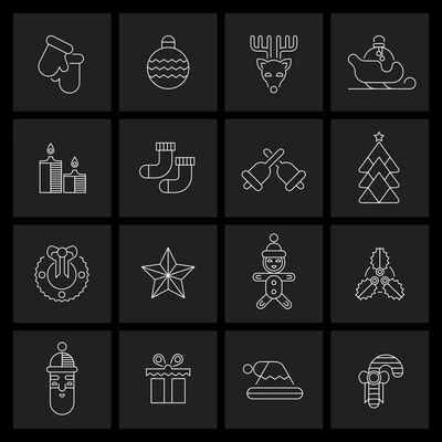 Christmas new year outline icons set with gloves ball deer sledge isolated vector illustration
