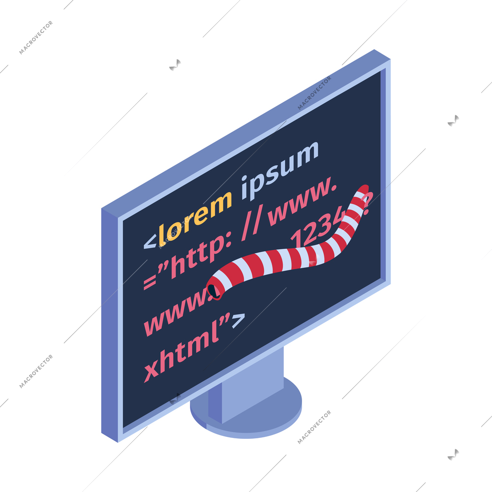 Isometric hacker safety system composition with isolated image of computer with web code and worm vector illustration