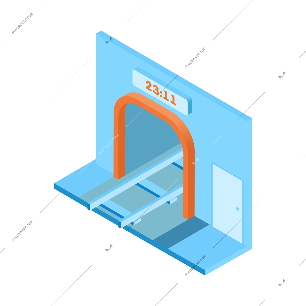 Metro isometric composition with isolated image of entrance to subway tunnel with digital clock and railway vector illustration