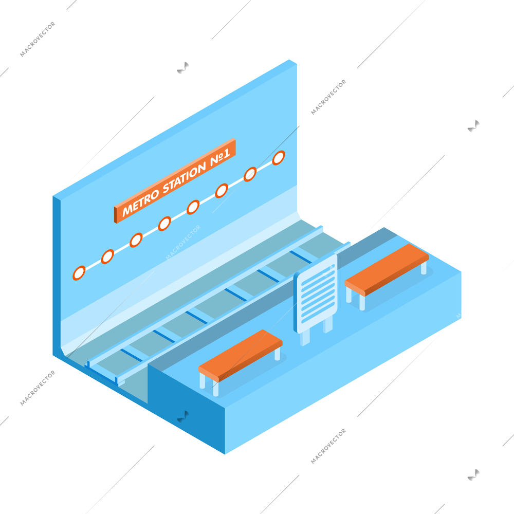 Metro isometric composition with isolated image of subway station platform with station name and benches vector illustration