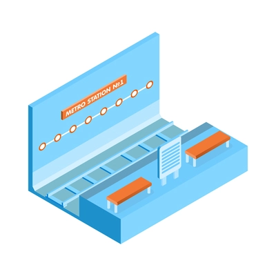 Metro isometric composition with isolated image of subway station platform with station name and benches vector illustration