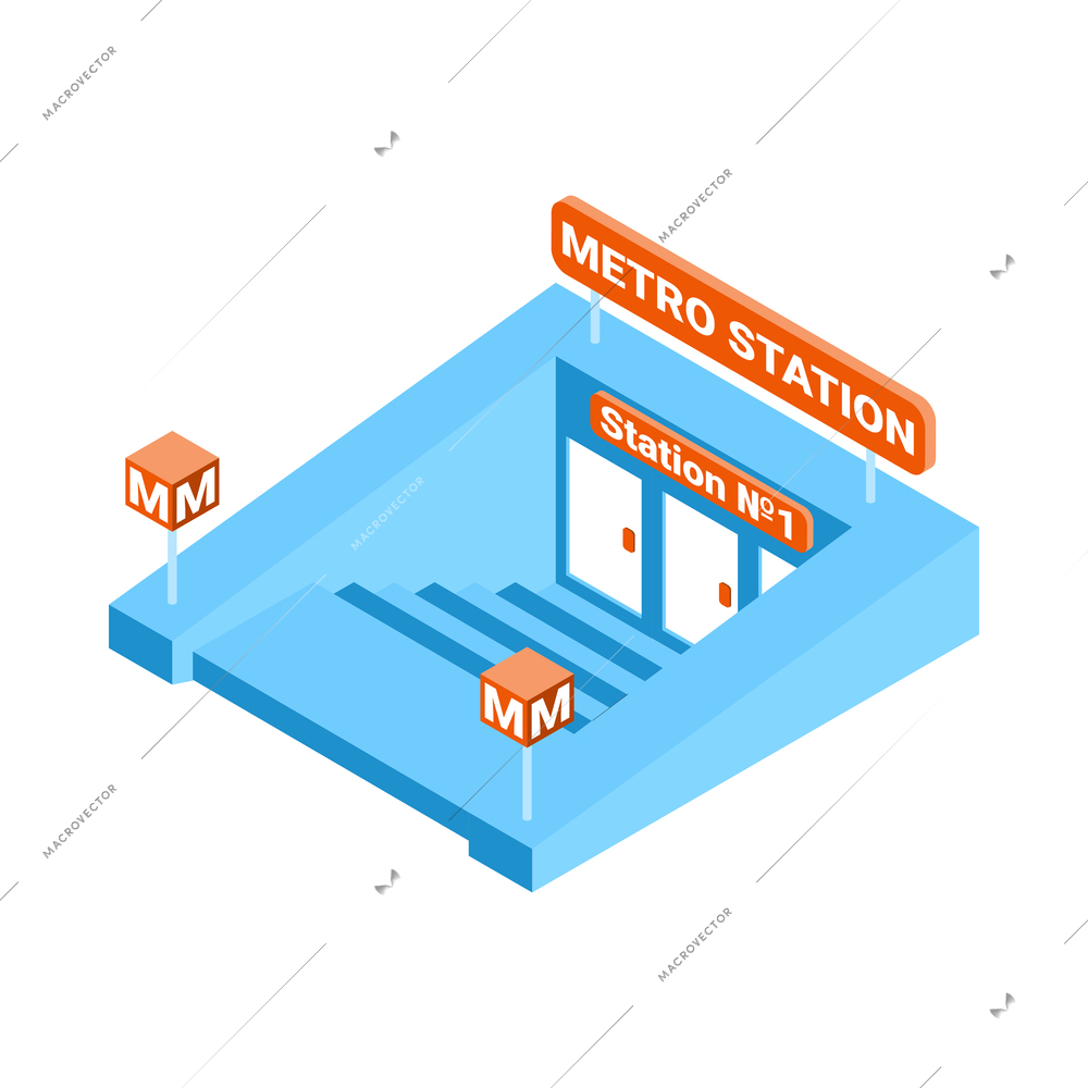 Metro isometric composition with isolated image of entrance to underground subway with doors and stairway vector illustration