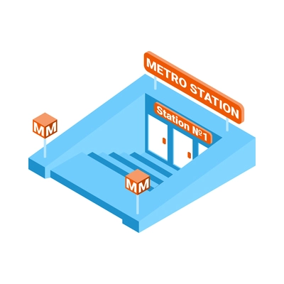 Metro isometric composition with isolated image of entrance to underground subway with doors and stairway vector illustration