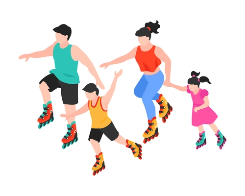 Isometric sport fitness family composition with isolated characters of roller skating parents and kids vector illustration