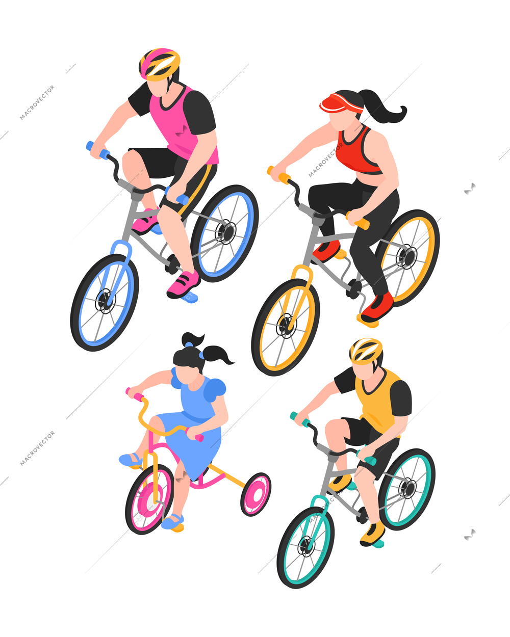 Isometric sport fitness family composition with isolated characters of parents and kids riding bikes vector illustration