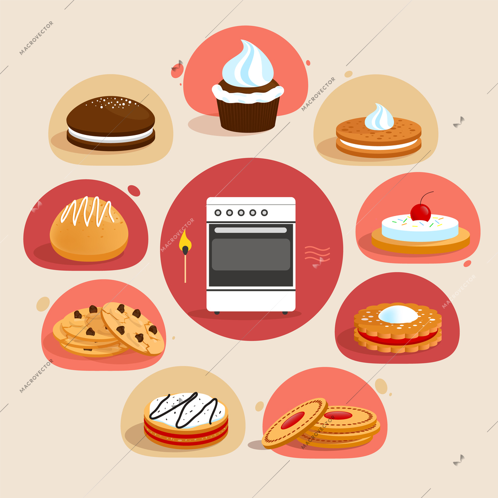 Sweet sugar tasty food cookies bakery decorative icons set with oven in the middle isolated vector illustration