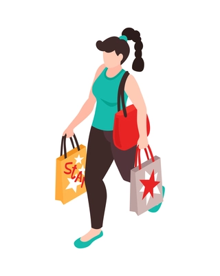 Isometric clothing store shopping composition with isolated character of walking woman carrying shopping bags vector illustration