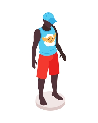 Isometric clothing store shopping composition with isolated image of black male mannequin in youthful clothes vector illustration