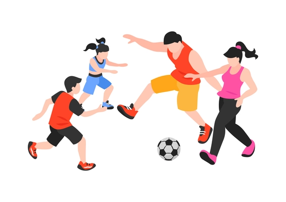 Isometric sport fitness family composition with isolated characters of parents and kids playing football vector illustration