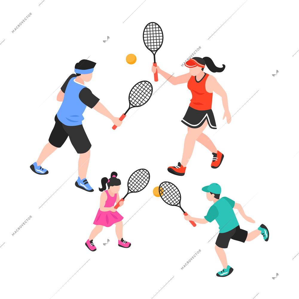 Isometric sport fitness family composition with isolated characters of parents and kids playing tennis vector illustration