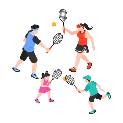 Isometric sport fitness family composition with isolated characters of parents and kids playing tennis vector illustration