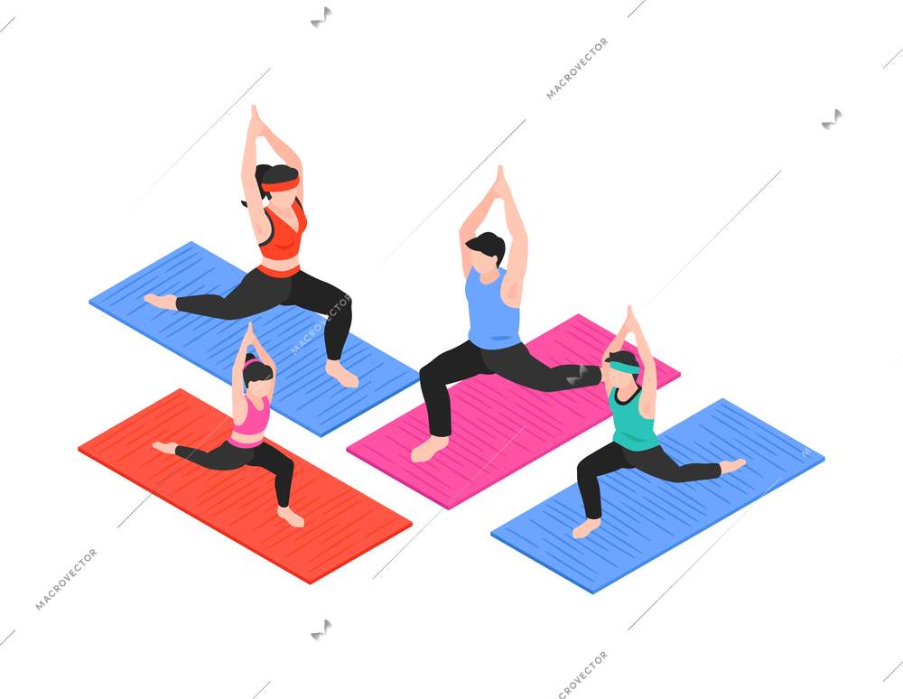 Isometric sport fitness family composition with isolated characters of parents and kids doing yoga vector illustration