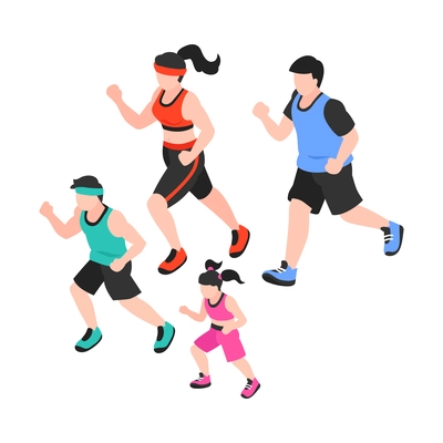 Isometric sport fitness family composition with isolated characters of parents and kids jogging together vector illustration