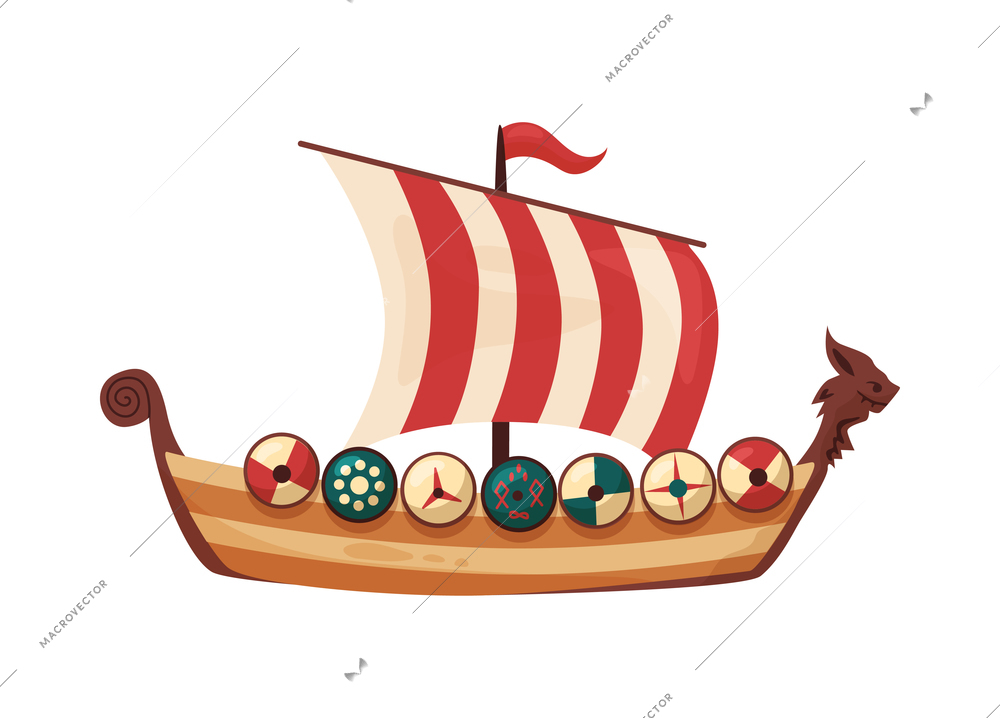 Scandinavian vikings culture composition with isolated image of ancient boat with sail and ornate shields vector illustration