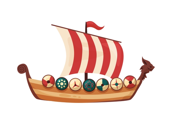 Scandinavian vikings culture composition with isolated image of ancient boat with sail and ornate shields vector illustration