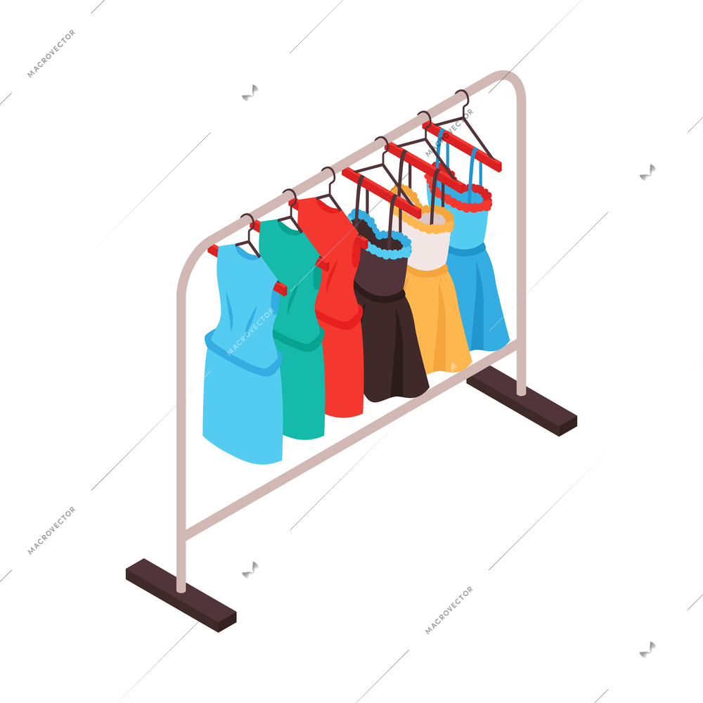 Isometric clothing store shopping composition with colorful dress hanging on rail stand vector illustration