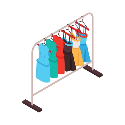 Isometric clothing store shopping composition with colorful dress hanging on rail stand vector illustration